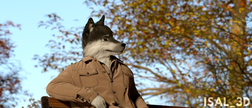 anthro autumn bench blue_eyes clothed clothing detailed_background detailed_fur eyebrows fur grey_body grey_fur male park park_bench plant solo tree white_body white_eyebrows white_fur isal canid canine canis mammal wolf 3d_(artwork) detailed digital_media_(artwork) hi_res