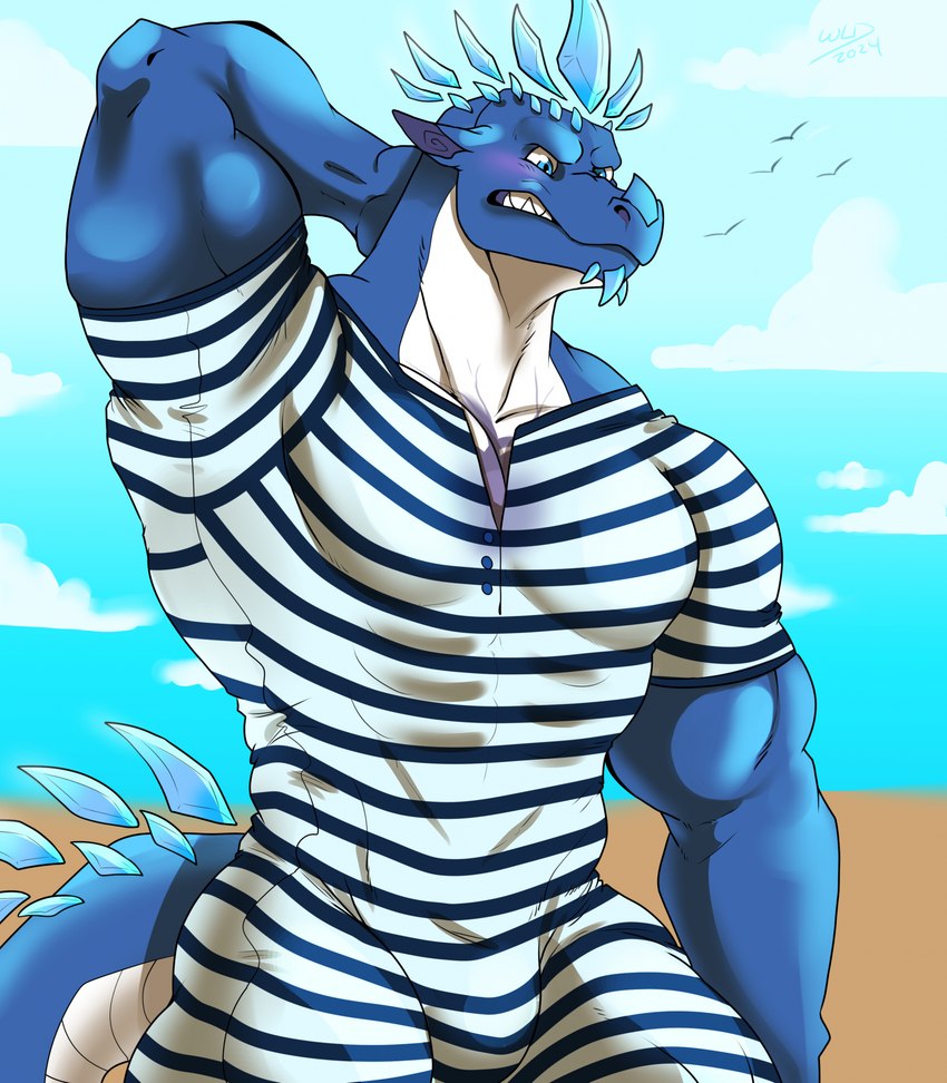 anthro blue_body blue_spikes blush bulge clothing cloud embarrassed facial_horn floating_spike front_view grin hand_behind_head horn male muscular muscular_anthro muscular_arms muscular_male nose_horn onesie outside pattern_clothing sky smile solo striped_clothing stripes vein white_body wanderlustdragon mythology kethrix_(glarglblarg) ambient_bird dragon mythological_creature mythological_scalie scalie wingless_dragon digital_media_(artwork) hi_res