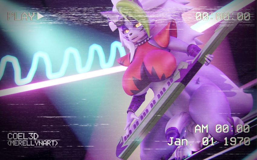 anthro balls big_balls big_breasts big_penis breasts camera_hud camera_overlay clothing crossgender ftg_crossgender fti_crossgender genitals gynomorph intersex keyboard_instrument keytar looking_at_viewer machine musical_instrument penis solo topwear vhs_filter coel3d five_nights_at_freddy's five_nights_at_freddy's:_security_breach scottgames steel_wool_studios roxanne_wolf canid canine canis mammal robot wolf 16:10 3d_(artwork) absurd_res digital_media_(artwork) hi_res widescreen