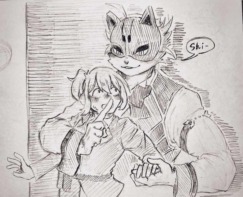 anthro clothing duo female fur hand_holding lying male mask on_back shirt shush topwear vest hayata_461 lifewonders live_a_hero female_operator protagonist_(live_a_hero) vulpecula canid canine fox human mammal hi_res pen_(artwork) sketch traditional_media_(artwork)