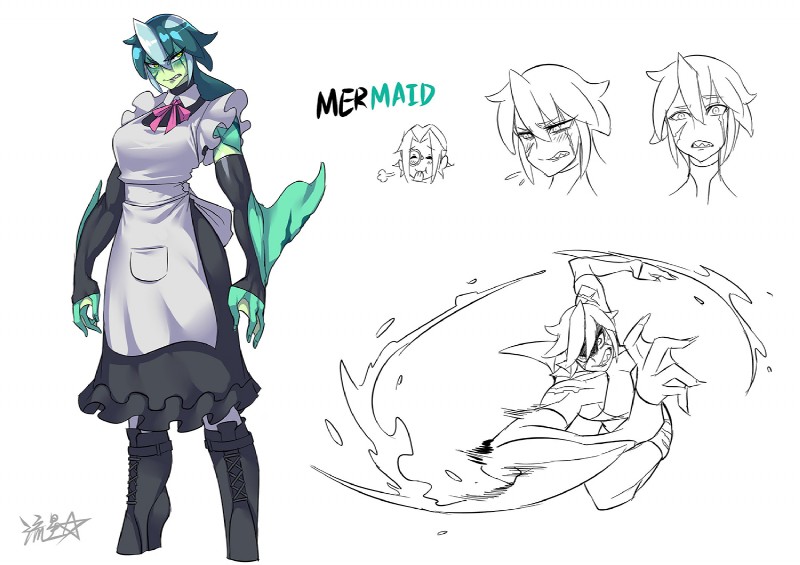 blush breasts clothing female fingers maid_uniform membrane_(anatomy) narrowed_eyes solo uniform webbed_hands ryuusei_(mark_ii) mermaid_girl_(ryuusei) animal_humanoid fish fish_humanoid humanoid marine marine_humanoid digital_media_(artwork)