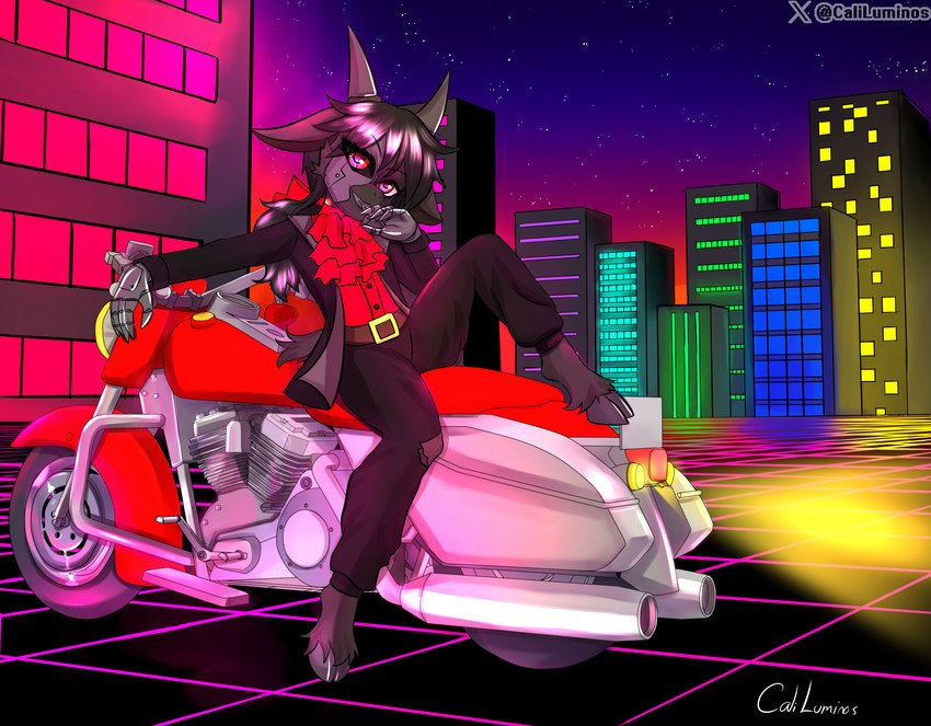 anthro city cybernetics femboy hooves horn machine male motorcycle retro solo synthwave vehicle virtual world caliluminos mico bovid caprine cyborg goat mammal robot absurd_res hi_res