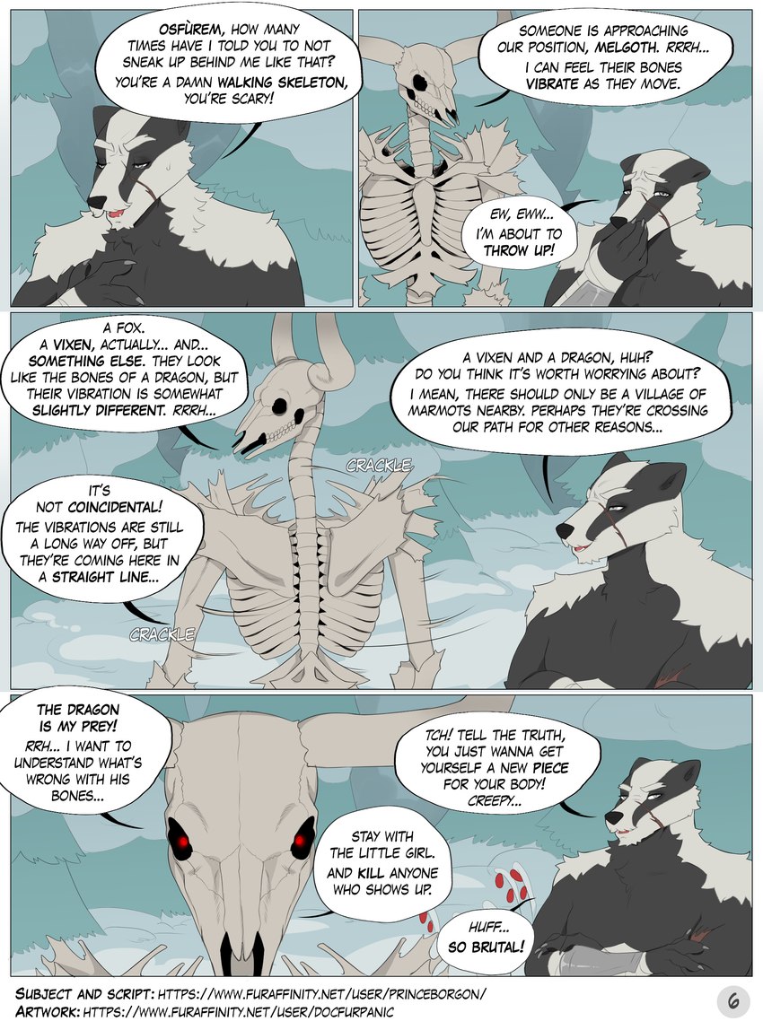 anthro arm_wraps beard berry bone breaking_the_fourth_wall breath caught_off_guard claws clothing crackling crossed_arms day dialogue duo facial_hair fangs food fruit glistening glistening_eyes grey_eyes growling hand_wraps looking_at_viewer male medieval medieval_clothing open_mouth overweight overweight_male panting pawpads plant red_eyes scar shirtless size_difference skeleton skull skull_head sound_effects speech_bubble tail teeth text tongue turning_around wraps docfurpanic mythology tales_from_valmeridia aurochs badger bovid bovine demon mammal mustelid musteline recently_extinct_species absurd_res comic digital_media_(artwork) english_text hi_res story story_in_description url