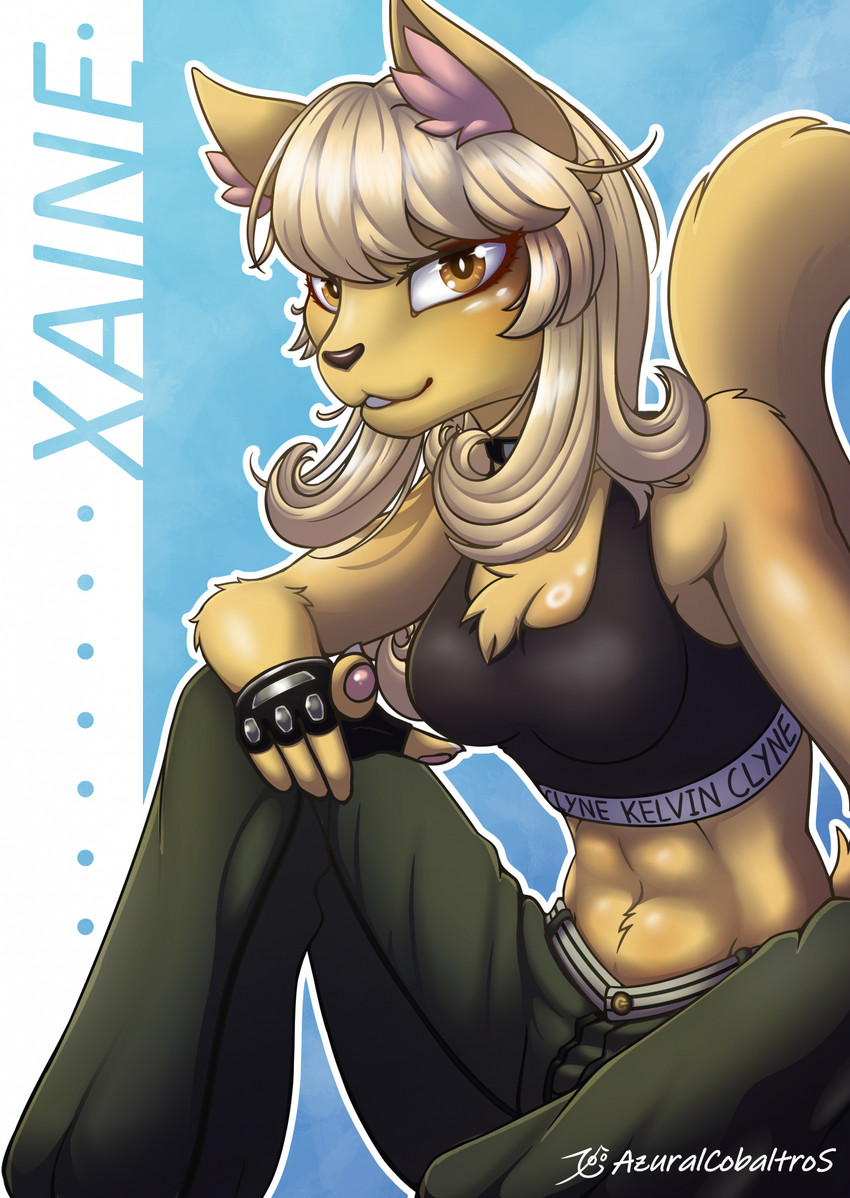 5_fingers abs anthro belly blonde_hair bottomwear choker clothing crop_top female fingerless_gloves fingers fur gloves hair handwear jewelry long_pants midriff navel necklace pants pawpads shirt sitting solo sweatpants tan_body tan_fur topwear azural_cobaltros xaine_the_rpg_merchant domestic_cat felid feline felis mammal hi_res