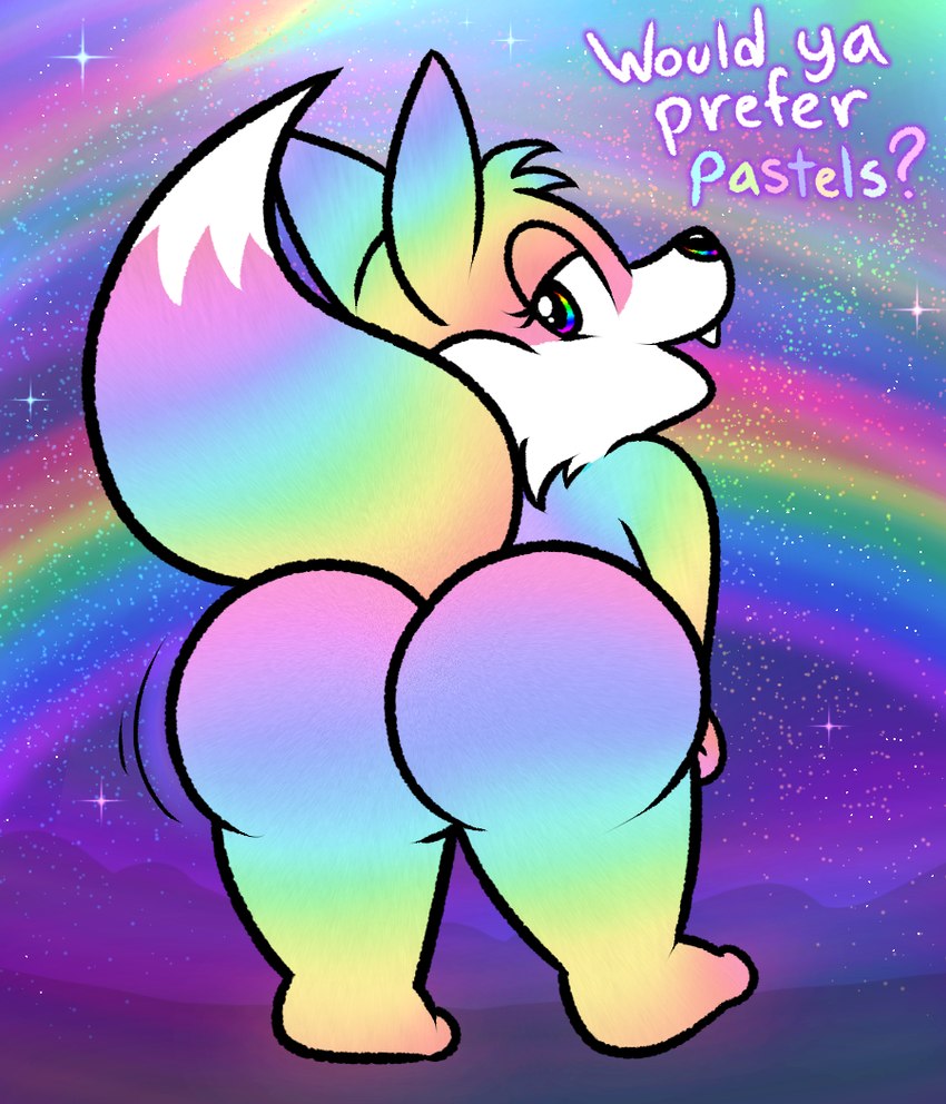 ambiguous_gender anthro big_butt butt detailed_background dialogue eyelashes fangs iridescent iridescent_butt iridescent_fur looking_at_viewer looking_back open_mouth rainbow solo sparklefur star teeth teeth_showing text nishi_oxnard canid canine fox mammal colorful_theme english_text pastel_theme