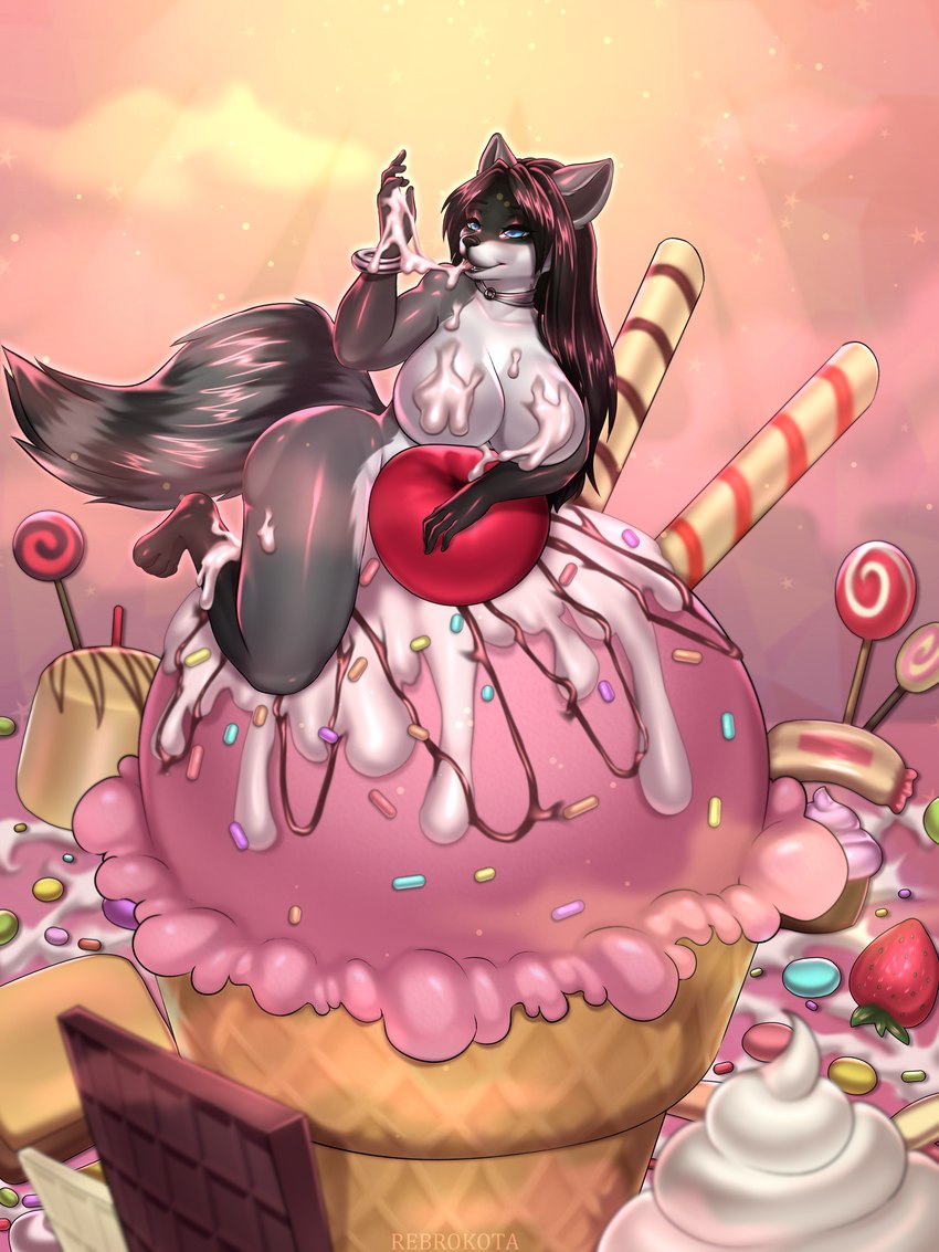 anthro black_hair black_nose blue_eyes dessert female food food_fetish food_play hair ice_cream jewelry nude solo rebrokota sila_dione mammal procyonid raccoon 3:4 absurd_res digital_media_(artwork) hi_res