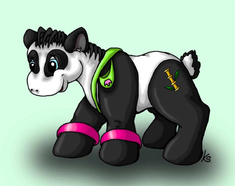 alternate_species bamboo bamboo_stick black_body black_fur blue_eyes bracelet cutie_mark female feral fur jewelry ponification pre-g4 quadruped solo white_body white_fur suzidragonlady hasbro my_little_pony tekken panda_(tekken) equid equine horse mammal pony crossover