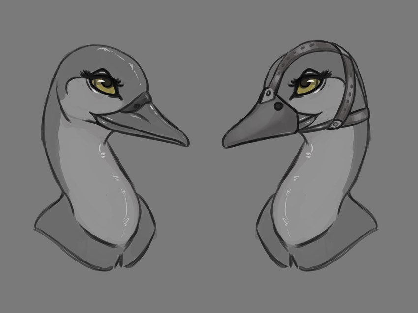 ambiguous_form ambiguous_gender bdsm beak eyelashes glistening glistening_body glistening_eyes grey_background grey_body muzzle_(object) muzzled simple_background solo yellow_eyes adeer anatid anseriform anserinae avian bird swan 2022 4:3 greyscale headshot_portrait monochrome multiple_versions portrait