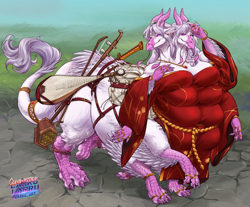 2_heads 4_arms 6_legs anthro breasts clothed_taur clothing digitigrade female furgonomics jewelry multi_arm multi_breast multi_head multi_leg multi_limb musical_instrument pink_body quadruped red_clothing red_robe robe tail tail_tuft tuft larru-larru mythology dragon dragon_taur eastern_dragon eastern_dragon_taur mythological_creature mythological_scalie scalie taur hi_res