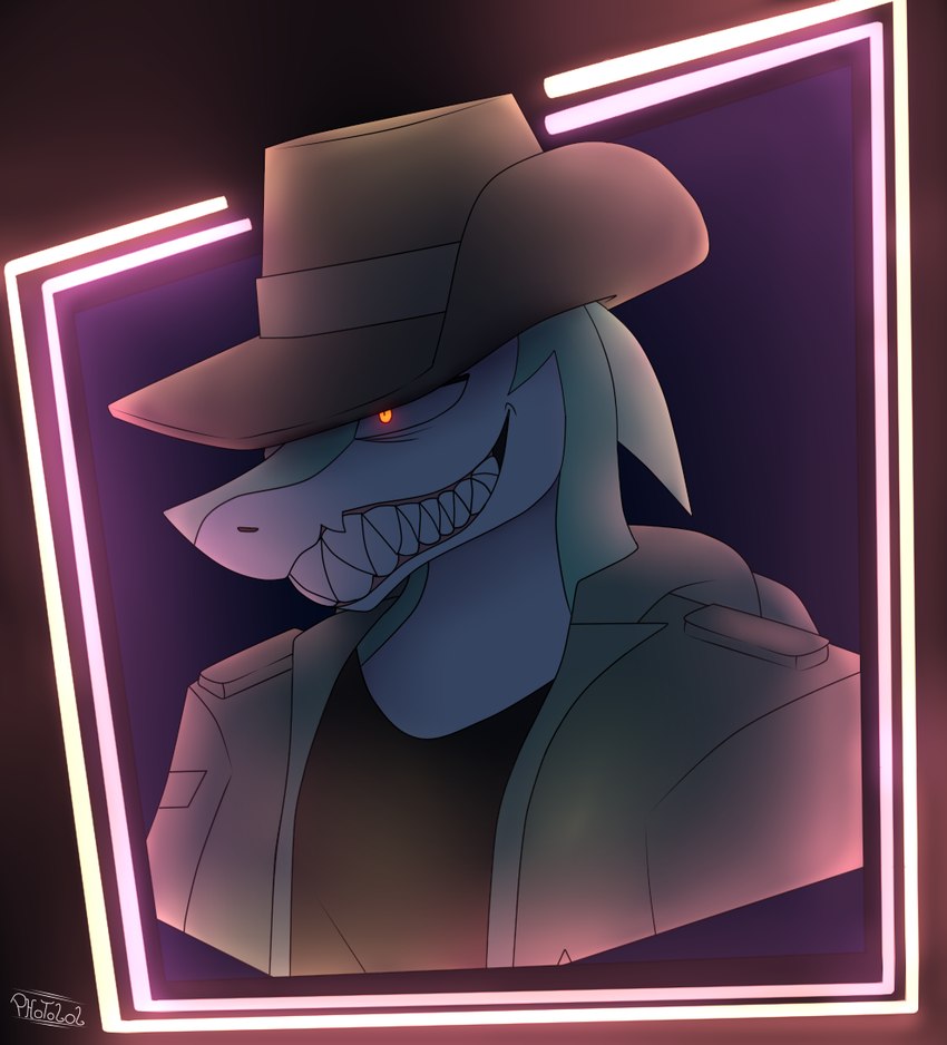 anthro australian_hat clothed clothing green_body male neon_lights sharp_teeth simple_background smile solo teeth photolol.03 flexet_(photolol.03) fish marine shark