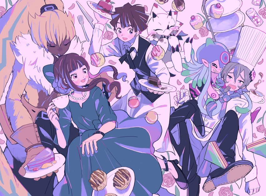 anthro black_claws blush brown_hair cake chef_uniform claws container cup dessert eating female food fur gown grey_hair group hair horn long_ears male tea_cup tentacles white_body yellow_body yellow_fur okakasand bandai_namco digimon digimon_ghost_game angoramon_(ghost_game) gammamon_(ghost_game) hiro_amanokawa jellymon_(ghost_game) kiyoshiro_higashimitarai ruri_tsukiyono digimon_(species) gammamon human jellymon lagomorph leporid mammal rabbit symbareangoramon hi_res