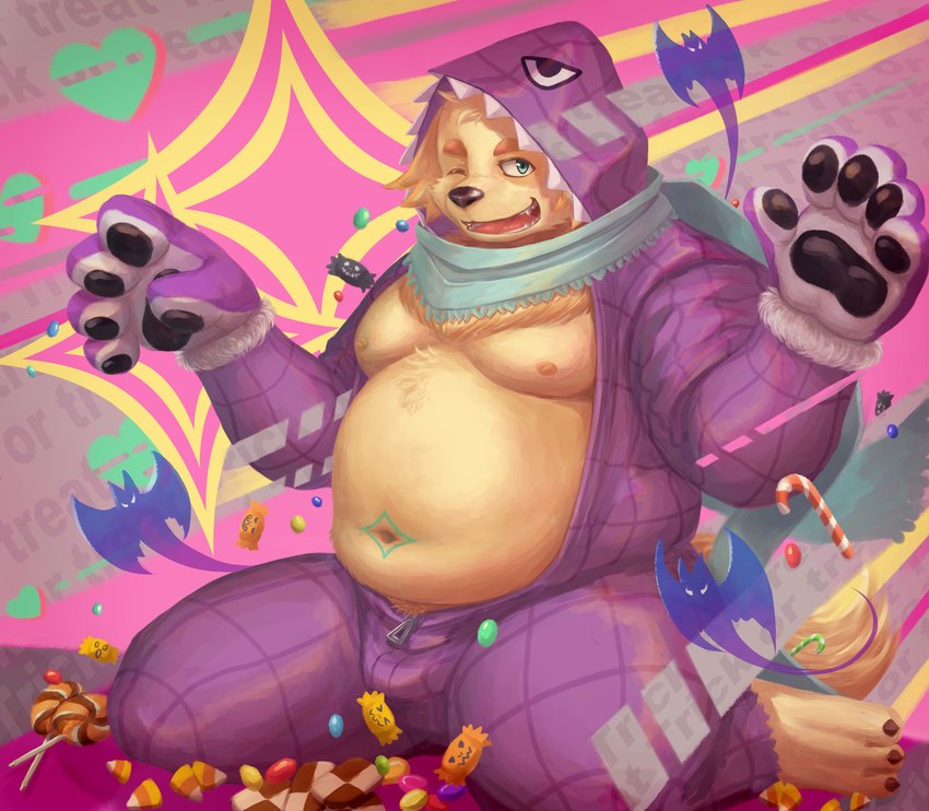 anthro belly candy clothing dessert food fur holidays male moobs navel nipples one_eye_closed onesie overweight pawpads scarf solo wink yellow_body yellow_fur guadr halloween lifewonders tokyo_afterschool_summoners cu_sith_(tas) bird_dog canid canine canis domestic_dog golden_retriever hunting_dog mammal retriever 2022 absurd_res hi_res