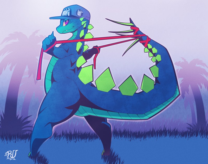 blue_body clothing cloud grass hat headgear headwear male outside plant purple_eyes sky smile solo spiked_tail spikes spikes_(anatomy) tail thagomizer tree rudragon dinosaur ornithischian prehistoric_species reptile scalie stegosaurian stegosaurus thyreophoran absurd_res cool_colors hi_res