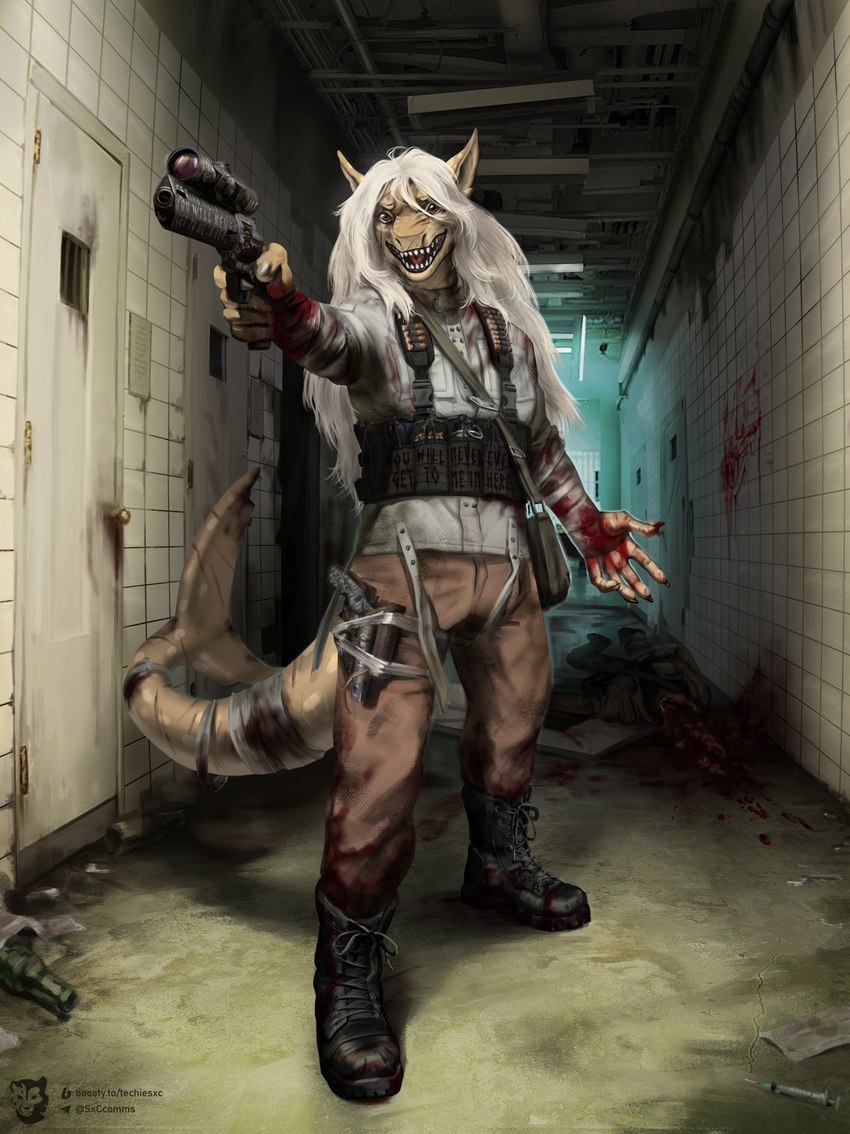 anthro apocalypse bag bandage blood bodily_fluids boots bottle brown_hair clothing container corpse door footwear gore gun hair hallway handgun insane male pipe pistol prison ranged_weapon revolver scar scope shattered shoes solo teeth topwear vest weapon techiesxc fish marine shark hi_res