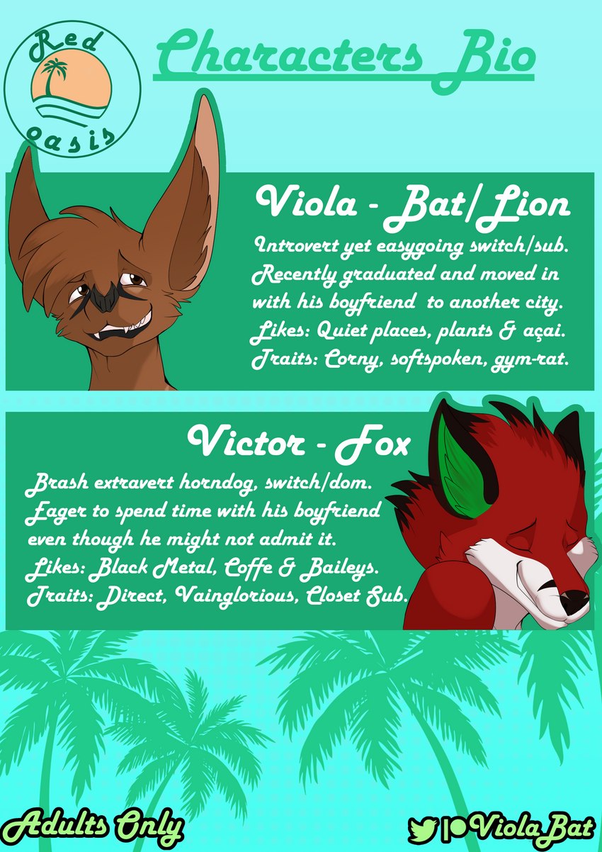 abstract_background age_restriction anthro character_bio character_description description duo eyes_closed information information_section logo male palm_tree patreon_logo plant text tree twitter_logo user_avatar website_logo viola_bat patreon twitter victor_johansen viola_bat_(character) bat canid canine felid fox hybrid lion mammal pantherine absurd_res character_name comic hi_res species_name