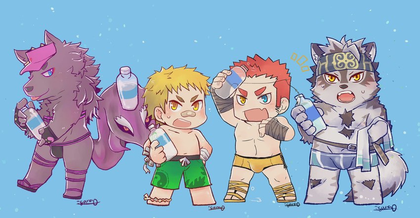 anthro blonde_hair bottle bottomwear chibi clothing container fur grey_body grey_fur group hair hat headgear headwear male muscular muscular_anthro muscular_male purple_body purple_fur red_hair shorts speedo swimwear visor_cap water_bottle igarashi_ta lifewonders tokyo_afterschool_summoners bathym_(tas) horkeu_kamui_(tas) ikutoshi_(tas) pollux_(tas) canid canine canis human mammal wolf hi_res