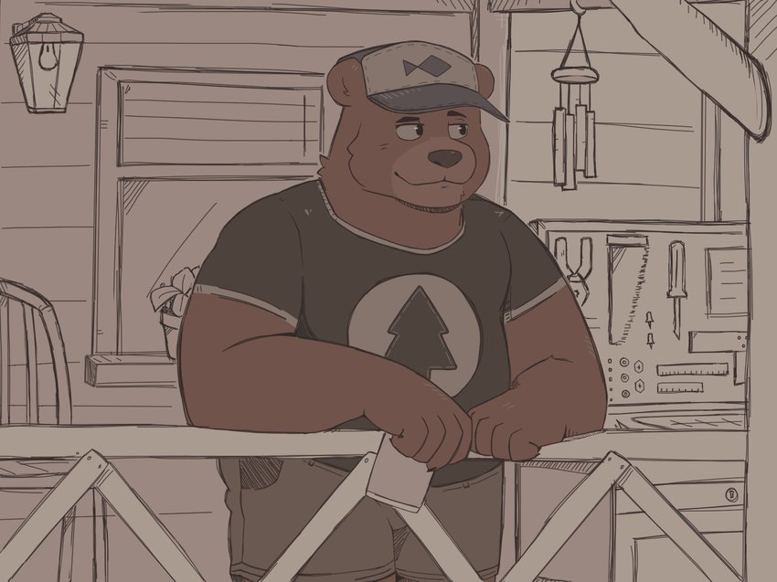 anthro belly bottomwear brown_body clothing detailed_background hat headgear headwear humanoid_hands male overweight overweight_male shirt shorts solo topwear thebearalliance bear_and_breakfast hank_(bear_and_breakfast) bear brown_bear mammal ursine 2022 hi_res