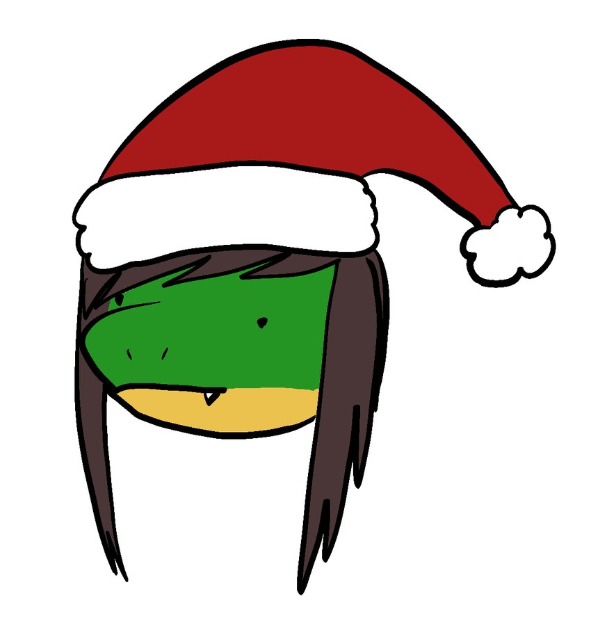 ambiguous_gender brown_hair christmas_clothing christmas_headwear clothing countershade_face countershading dot_eyes green_body green_scales hair hat headgear headwear holidays long_hair one_fang santa_hat scales simple_background simple_eyes solo teeth white_background yellow_body yellow_scales manitka christmas icarus_aresane lizard reptile scalie 2025 digital_media_(artwork) hi_res