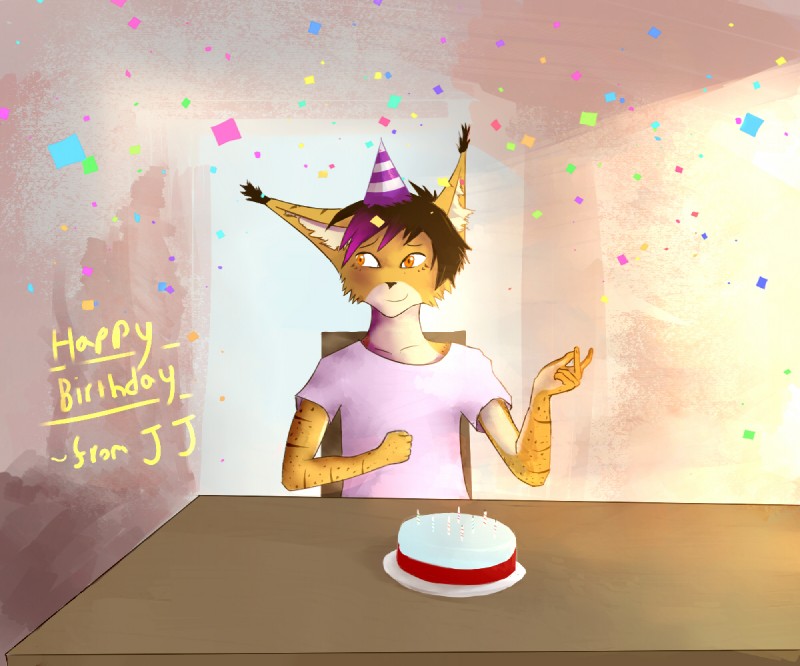 anthro birthday breakfast cake candle clothing confetti dessert food furniture gift hat headgear headwear party_hat shirt simple_background smile solo table topwear bruskit arlen_tawny domestic_cat felid feline felis lynx mammal 6:5