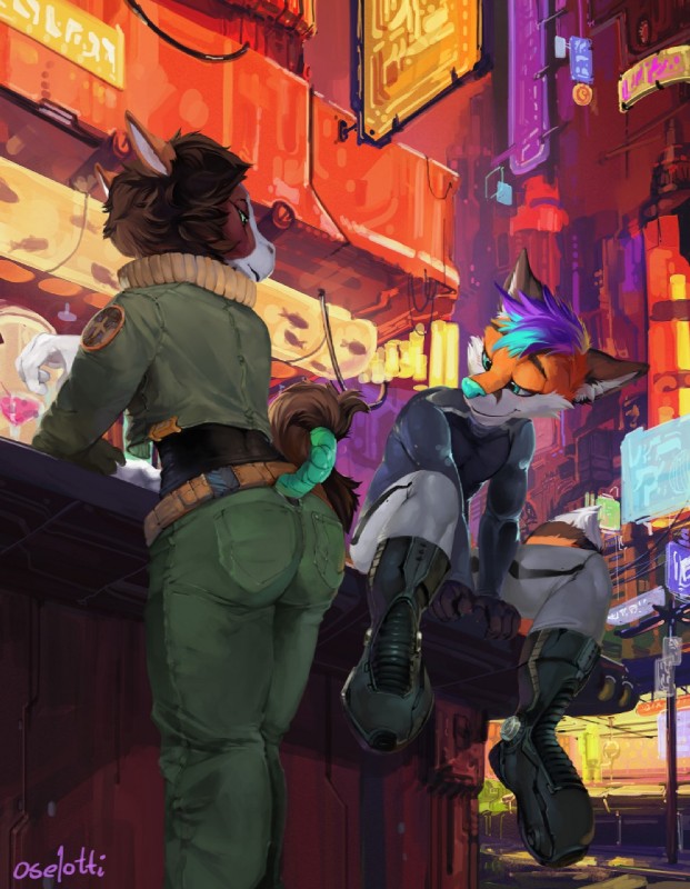 anthro bar butt butt_focus city clothed clothing cyberpunk duo exposure_variation future futuristic futuristic_city futuristic_clothing looking_at_butt male male/male neon neon_sign science_fiction sign tight_clothing oselotti cyril_(modjo) knoxin_vayer canid canine equid equine fox horse mammal hi_res