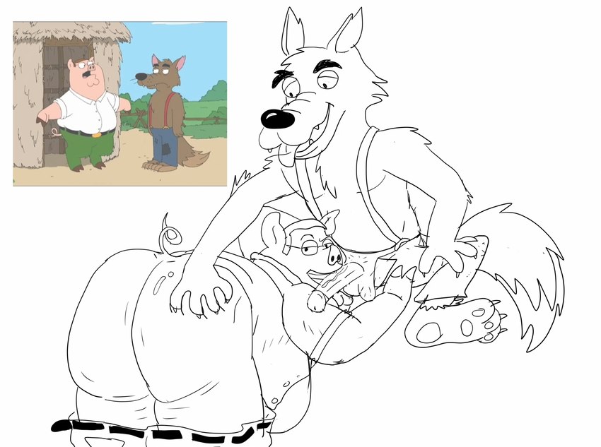 anthro balls belly big_belly big_butt bottomwear bottomwear_down butt clothed clothing duo erection eyewear genitals glasses male male/male overweight overweight_male pants pants_down partially_clothed penis simple_background sitting tongue tongue_out white_background geuremon fairy_tales family_guy big_bad_wolf peter_griffin canid canine canis domestic_pig mammal suid suina sus_(pig) wolf 2023 hi_res