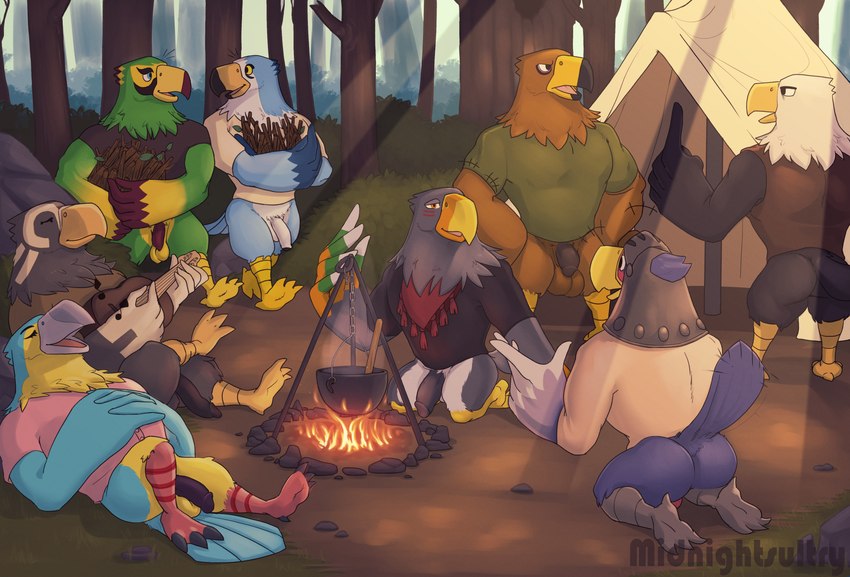 3_toes 5_fingers anthro armor balls barefoot beak black_beak black_body black_claws black_clothing black_eyebrows black_eyes black_feathers black_glans black_penis black_shirt black_topwear blue_body blue_eyes blue_feathers blue_glans blue_penis bottomless bottomless_anthro bottomless_male brown_balls brown_body brown_clothing brown_feathers brown_shirt brown_topwear butt campfire camping casual_exposure chain circumcised claws clothed clothing cooking cooking_pot day dipstick_beak dress_shirt eye_contact eyebrows eyelashes eyes_closed facial_markings feathers feet fingers fire firewood flaccid foreskin forest genitals gesture glans grass green_body green_clothing green_feathers green_shirt green_topwear grey_balls grey_body grey_feathers grey_penis grey_scutes group guitar half-erect hand_gesture hands_on_hips head_markings head_tuft headgear helmet holding_guitar holding_musical_instrument holding_object holding_stick humanoid_genitalia humanoid_penis kerchief kneeling leaf leaning leaning_backward light light_beam looking_at_another lying male male_anthro markings multicolored_beak multicolored_body multicolored_feathers multicolored_penis musical_instrument musical_note musical_symbol neckerchief neckwear non-mammal_balls non-mammal_foreskin on_back open_mouth orange_beak orange_body orange_eyes orange_feathers outside partially_retracted_foreskin penis penis_size_difference pink_clothing pink_scutes pink_shirt pink_tongue pink_topwear plant playing_guitar playing_music plucked_string_instrument pointing purple_beak purple_body purple_feathers purple_penis red_kerchief red_markings red_neckerchief red_scutes rock saggy_balls scuted_legs scutes shirt short_sleeves shrub singing sitting soles standing steam stick string_instrument sunbeam sunlight symbol t-shirt tail tail_feathers tan_clothing tan_shirt tan_topwear tent toe_claws toes tongue topwear tree tuft two_tone_beak two_tone_body two_tone_feathers two_tone_penis unretracted_foreskin vein veiny_penis walking white_balls white_body white_feathers white_penis wood wooden_spoon yellow_balls yellow_beak yellow_body yellow_feathers yellow_sclera yellow_scutes midnightsultry animal_crossing nintendo apollo_(animal_crossing) avery_(animal_crossing) buzz_(animal_crossing) frank_(animal_crossing) keaton_(animal_crossing) pierce_(animal_crossing) quetzal_(animal_crossing) sterling_(animal_crossing) accipitrid accipitriform avian bald_eagle bird eagle golden_eagle sea_eagle true_eagle 2024 absurd_res artist_name hi_res warm_colors