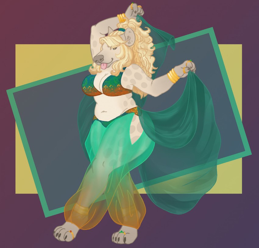 anklet anthro belly_dancer big_breasts blonde_hair bra bracelet breasts clothed clothing dancing female hair harem_outfit jewelry leucistic long_hair navel paws ring_(jewelry) slightly_chubby slightly_chubby_female solo spots thick_thighs tongue tongue_out translucent translucent_clothing underwear yellow_eyes deermary bones_(deermary) hyena mammal spotted_hyena hi_res