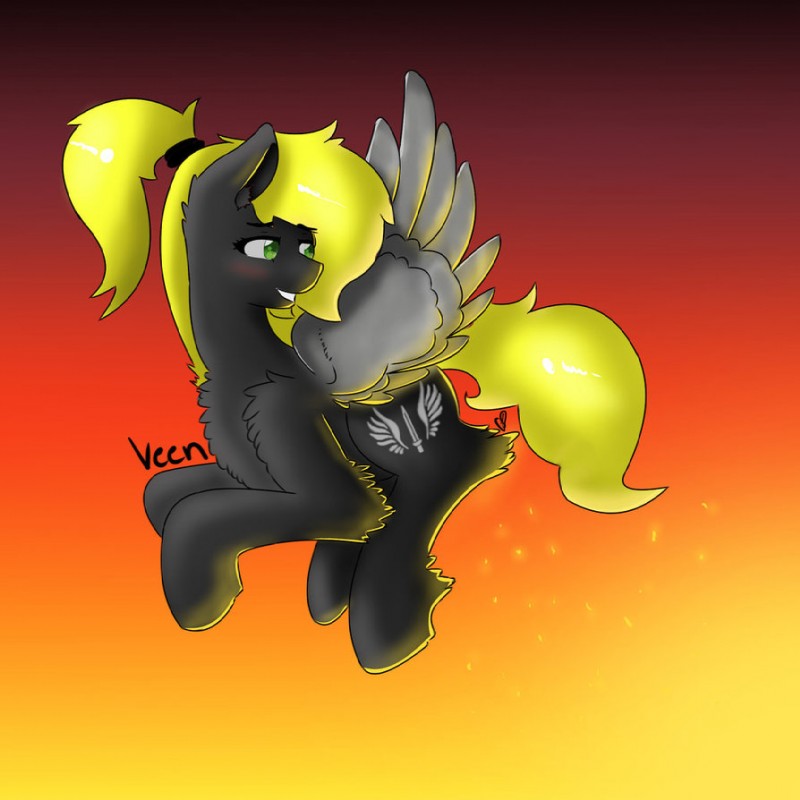 black_body black_fur blonde_hair cutie_mark feathered_wings feathers female feral flying fur gradient_background green_eyes hair ponytail red_background simple_background smile solo teeth wings unknown_artist hasbro my_little_pony mythology fan_character veen_sundown equid equine mammal mythological_creature mythological_equine pegasus 1:1