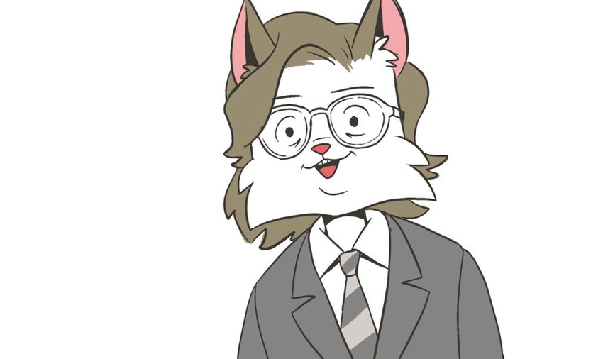 anthro brown_hair clothing coat dress_shirt eyewear fur glasses grey_clothing grey_coat grey_tie grey_topwear hair male necktie open_mouth pattern_necktie pink_nose shirt simple_background solo striped_necktie suit teeth_showing tongue_showing topwear white_background white_body white_clothing white_fur white_shirt white_topwear heyitscousindave domestic_cat felid feline felis mammal