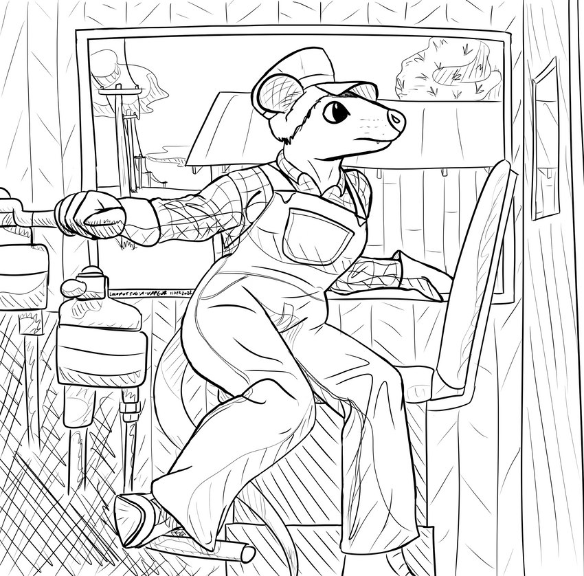 anthro clothing engineer_(profession) engineer_cap female gloves hair handwear inside_locomotive inside_train locomotive overalls short_hair solo steam_locomotive train vehicle panzerschreckleopard ophelia_(panzerschreckleopard) american_opossum mammal marsupial 2022 absurd_res hi_res monochrome