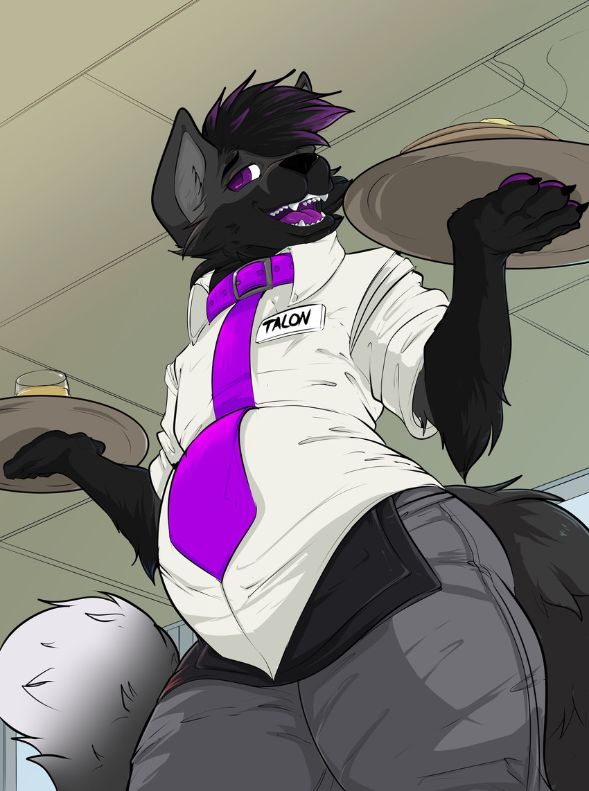 anthro bottomwear clothed clothed_male clothing collar food inside male necktie pancake pants pink_collar pregnant pregnant_male restaurant smile solo teeth tray waiter pandottermon canid canine mammal colored hi_res