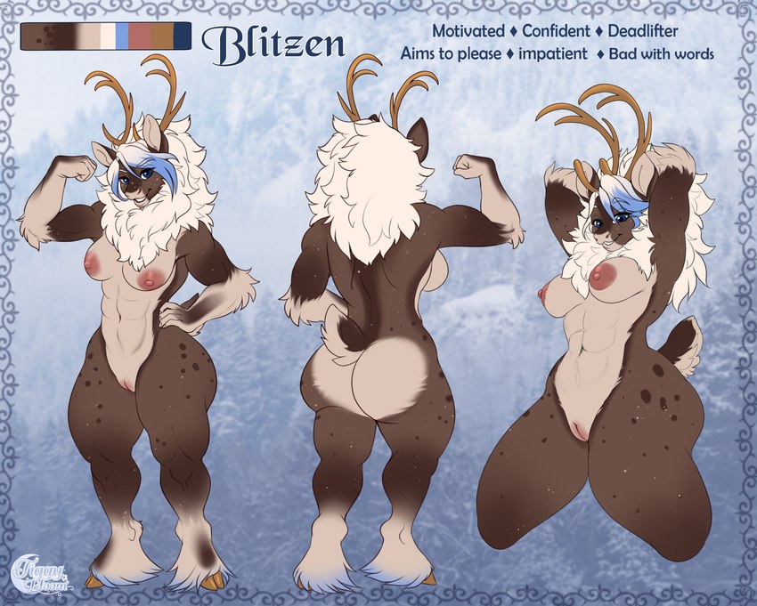 anthro antlers arm_tuft big_butt blue_eyes blue_hair brown_antlers brown_body brown_fur butt elbow_tuft female front_view fur genitals glistening glistening_eyes hair hand_on_hip horn humanoid_genitalia humanoid_pussy looking_at_viewer multicolored_hair muscular muscular_anthro muscular_female navel nipples nude pose pussy rear_view red_nipples solo standing text tuft two_tone_hair white_body white_fur white_hair tiggybloom deer mammal 2022 english_text hi_res