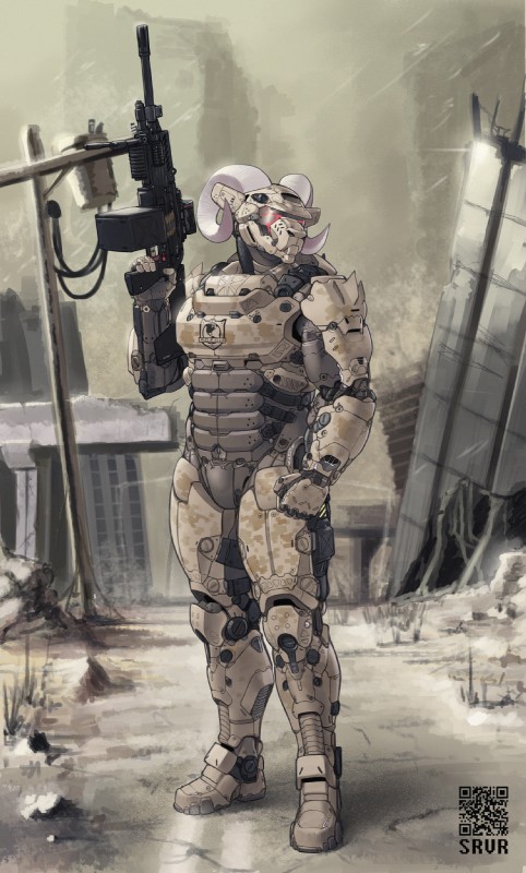 armor city heavy_machine_gun horn machine male power_armor qr_code ruins sandstorm solo weapon t3gray realm_of_earth_defence_force white_oyster terry_galatas bovid caprine goat mammal hi_res