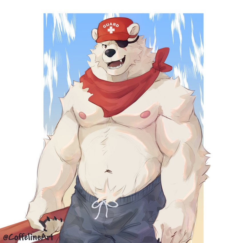 bottomwear clothing eye_patch eyewear fangs hat headgear headwear lifeguard looking_at_viewer male musclegut muscular nipples scarf shorts smile smiling_at_viewer solo teeth coffeline epic_games fortnite polar_patroller bear mammal polar_bear ursine 1:1 2021 hi_res