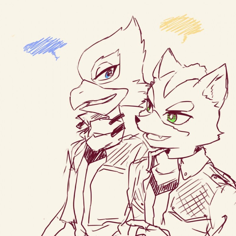 anthro blue_eyes clothing duo green_eyes kemono male s_mino930 nintendo star_fox falco_lombardi fox_mccloud avian bird canid canine fox mammal 1:1