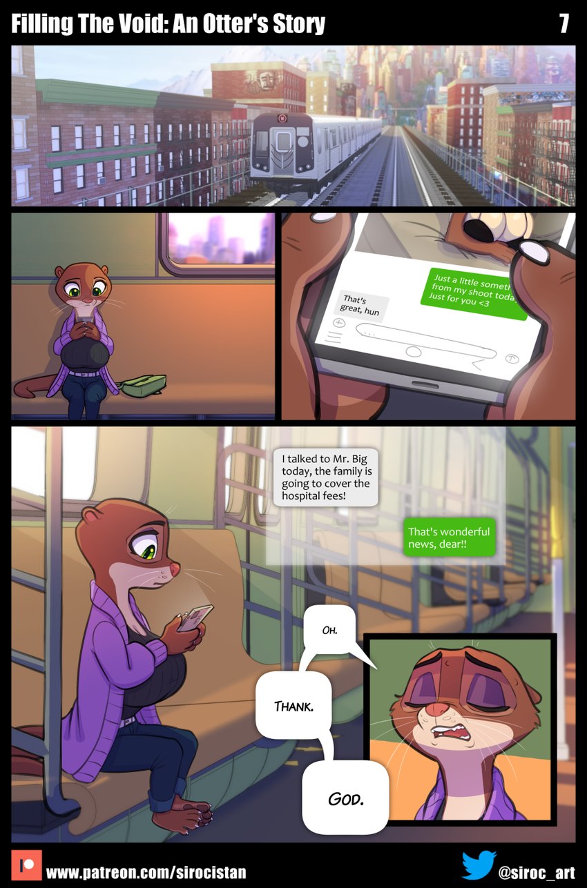 anthro big_breasts breasts brown_body brown_fur clothed clothed_anthro clothing dialogue female fur green_eyes multicolored_body multicolored_fur solo speech_bubble text top_heavy two_tone_body two_tone_fur siroc disney zootopia mrs._otterton mammal mustelid otter 2024 comic english_text hi_res