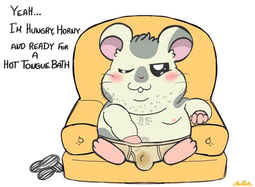 anthro belly blush bulge clothing furniture grey_body male moobs nipples one_eye_closed overweight overweight_male sitting sofa solo text underwear pompunks hamtaro_(series) oxnard_(hamtaro) cricetid hamster mammal rodent 2021 english_text