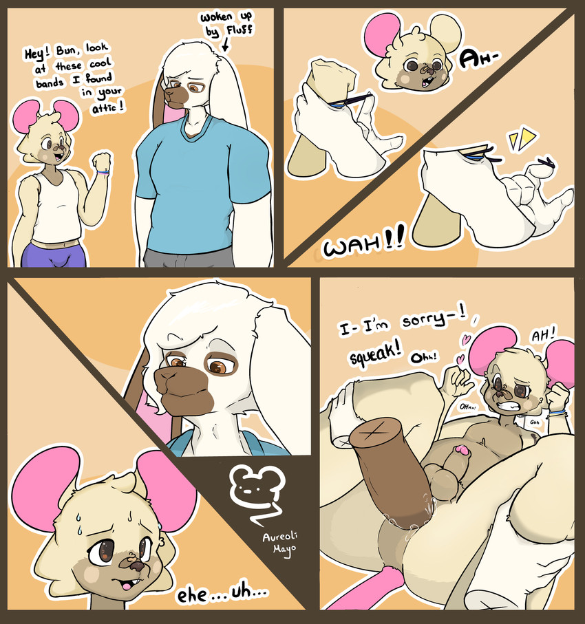 anal anal_penetration animal_noises anthro anthro_on_anthro anthro_penetrated anthro_penetrating anthro_penetrating_anthro apology balls blue_clothing bodily_fluids bottomwear brown_eyes clothing dialogue disembodied_hand disembodied_penis duo from_front_position fur fur_markings genital_fluids genitals heart_eyes heart_symbol lying male male/male male_penetrated male_penetrating male_penetrating_male markings missionary_position moan nude nude_anthro nude_male on_back outline penetration penile penile_penetration penis penis_in_ass precum rubber_band screaming sex shirt shorts simple_background size_difference smug_face squeaking sweat tank_top text tired topwear white_body white_fur white_outline theaureolimayo bunbun_(theaureolimayo) fluff_(theaureolimayo) lagomorph leporid mammal murid murine rabbit rat rodent absurd_res comic english_text hi_res