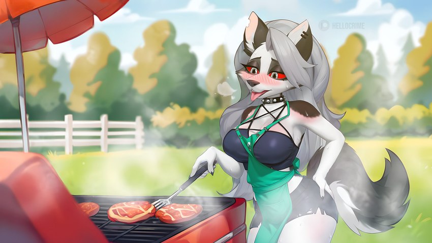 5_fingers anthro apron beef big_breasts blush bodily_fluids bottomwear breasts breath cleavage clothed clothing collar cooking detailed_background ear_piercing ear_ring eyebrows eyelashes female fingers food fur grey_body grey_fur grey_hair grill grilling hair hand_on_hip heat_(temperature) long_hair meat multicolored_body multicolored_fur notched_ear outside piercing red_sclera ring_piercing shirt shorts solo spiked_collar spikes steak steam sweat tank_top text topwear two_tone_body two_tone_fur white_body white_eyes white_fur hello_crime helluva_boss mythology loona_(helluva_boss) canid canid_demon canine demon hellhound mammal mythological_canine mythological_creature 16:9 2024 artist_name hi_res widescreen