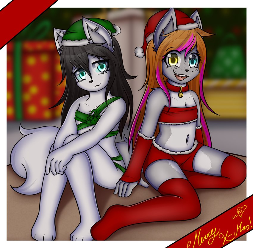 adolescent anthro christmas_clothing clothing countershading duo female female/female flat_chested footwear holidays legwear socks thigh_highs young dream_mirage christmas angel_kitsune kayla_kitsune canid canine canis fox hybrid mammal wolf hi_res