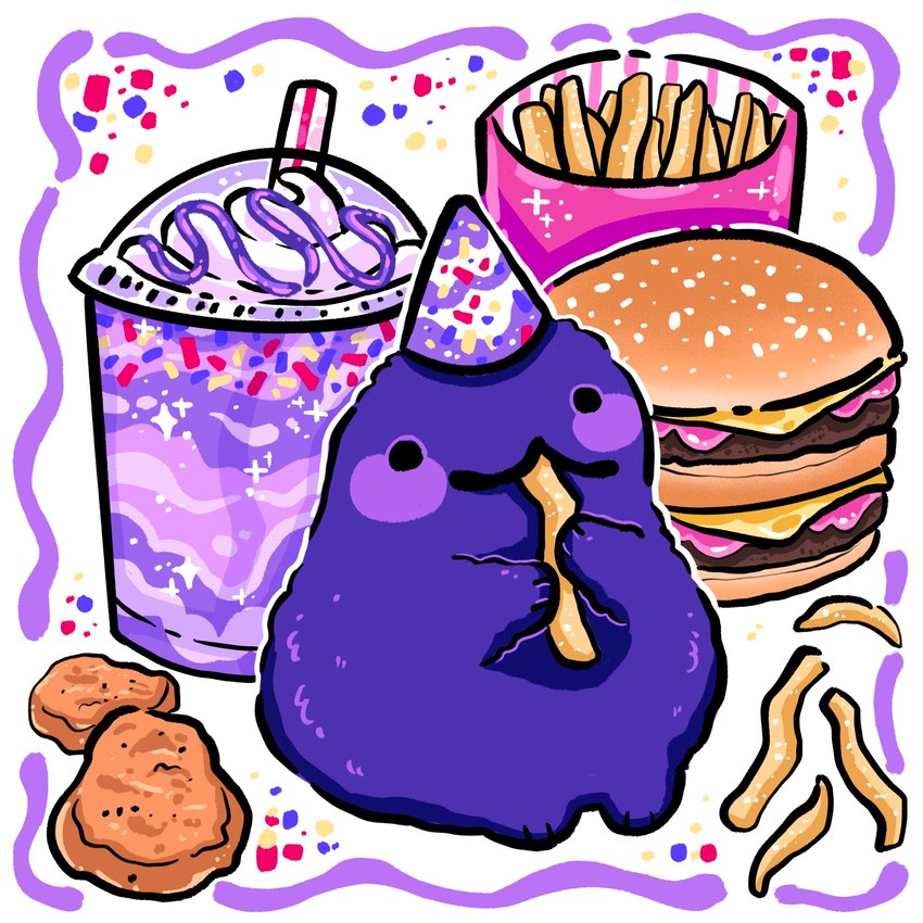 :3 beverage big_mac_(burger) birthday blush burger chicken_meat chicken_nugget clothing eating food fries fur hat headgear headwear male mascot meat milkshake not_furry party_hat purple_body purple_fur solo woolblossoms grimace_shake mcdonald's grimace_(mcdonald's) monster 1:1 hi_res meme