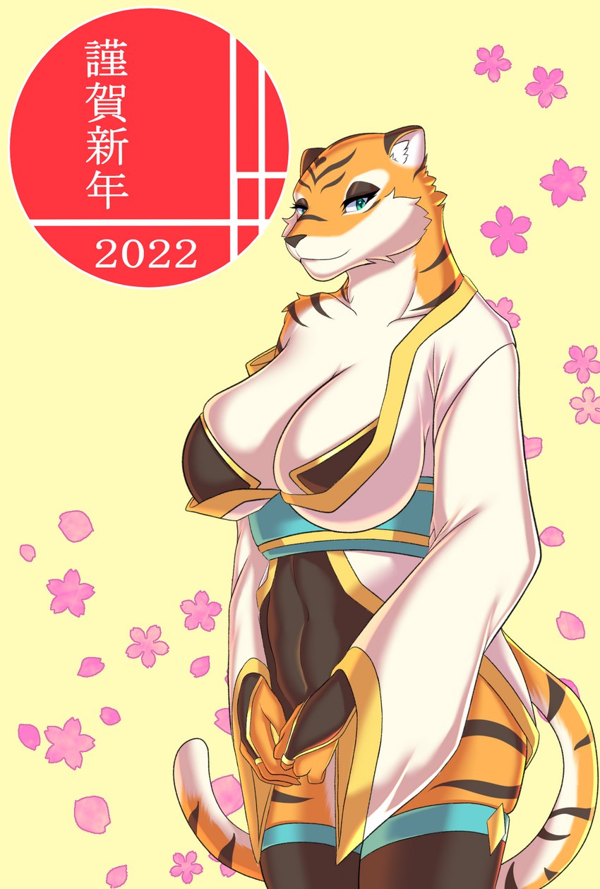 anthro armwear big_breasts bottomless breasts bridal_gauntlets cleavage clothed clothing convenient_censorship female fur inner_ear_fluff legwear midriff navel smile solo stripes thigh_highs tuft asutatinn61 chinese_zodiac year_of_the_tiger felid mammal pantherine tiger hi_res