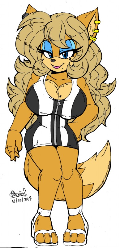 anthro breasts cleavage clothed clothing dress ear_piercing ear_ring female hair markings mole_(marking) piercing ring_piercing smile solo zipper zipper_dress zhengfox canid canine fox mammal hi_res