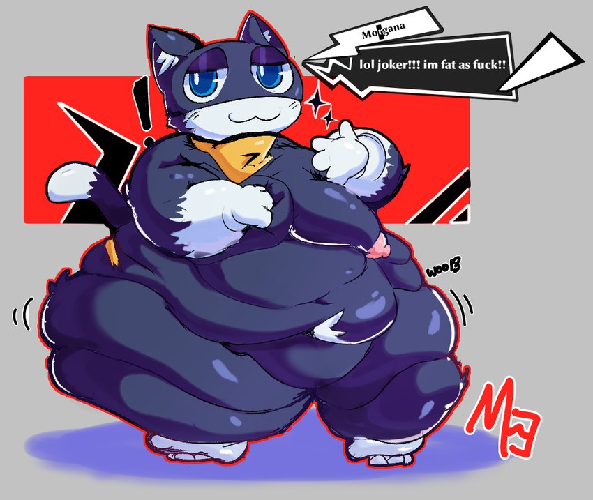 anthro belly belly_overhang big_belly big_butt black_body black_fur blue_eyes breast_grab breasts butt cat_tail dialogue flabby_arms flabby_butt flabby_legs fur hand_on_breast huge_belly huge_butt huge_hips huge_thighs kerchief male markings mask moobs moobs_grab morbidly_obese morbidly_obese_anthro morbidly_obese_male navel obese obese_anthro obese_male overweight overweight_anthro overweight_male smug_face solo tail tail_markings thick_thighs weight_gain white_body white_fur wide_hips mirukiblue persona_(series) persona_5 morgana_(persona) domestic_cat felid feline felis mammal tuxedo_cat