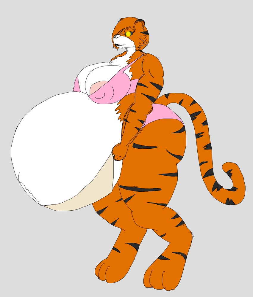 anthro belt bra clothing female hyper hyper_pregnancy maternal nipples pink_bra pink_clothing pink_underwear pregnant solo underwear pauliusthemad vwpologt felid mammal pantherine tiger absurd_res hi_res mother_(lore) parent_(lore)