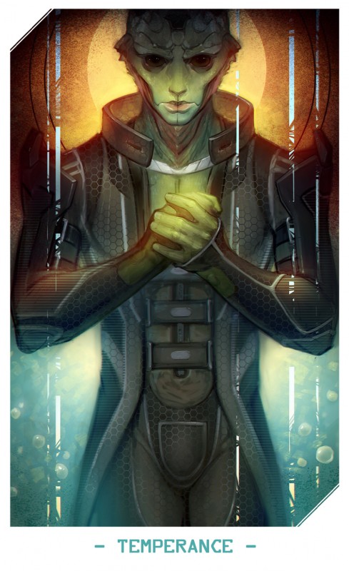 armor big_eyes brown_eyes card card_template clothing coat fortune_telling green_body looking_at_viewer major_arcana male solo tarot tarot_card temperance_(tarot) topwear alteya bioware electronic_arts mass_effect thane_krios alien alien_humanoid animal_humanoid drell humanoid reptile reptile_humanoid scalie scalie_humanoid hi_res