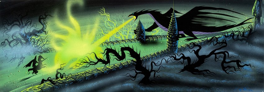 armor breath_powers castle duo elemental_manipulation female feral fight fire fire_breathing fire_manipulation forest interspecies knight larger_feral male melee_weapon outside plant ruins size_difference smaller_human sword tail tree warrior weapon eyvind_earle disney european_mythology mythology sleeping_beauty_(1959) maleficent prince_phillip_(disney) samson_(disney) dragon equid equine horse human mammal mythological_creature mythological_scalie scalie western_dragon 1959 20th_century ancient_art concept_art gouache_(artwork) hi_res lineless official_art painting_(artwork) traditional_media_(artwork)