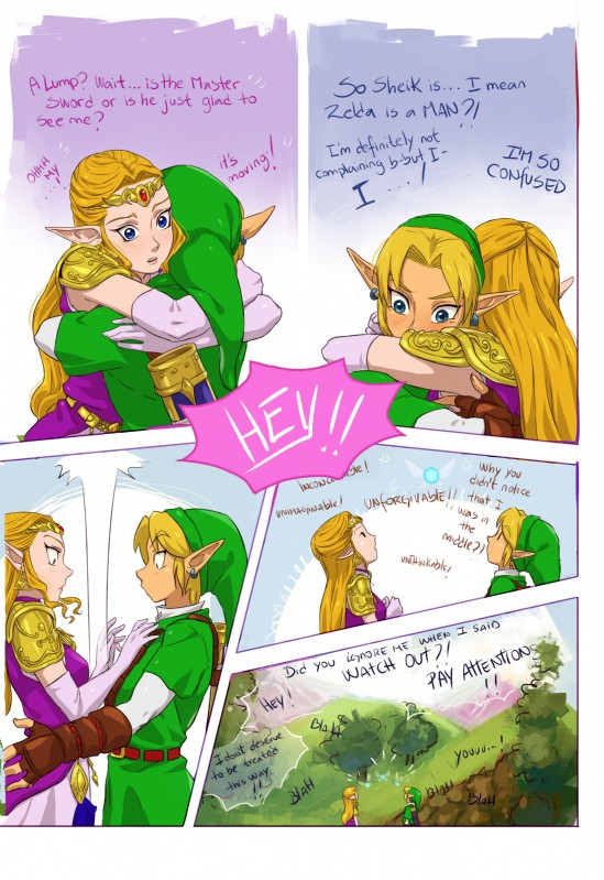 angry blonde_hair blue_eyes blush clothing duo ear_piercing female green_clothing green_headwear hair headgear headwear hug humor implied_erection not_furry piercing surprise text alderion-al nintendo ocarina_of_time the_legend_of_zelda link navi princess_zelda fairy humanoid hylian absurd_res comic english_text hi_res