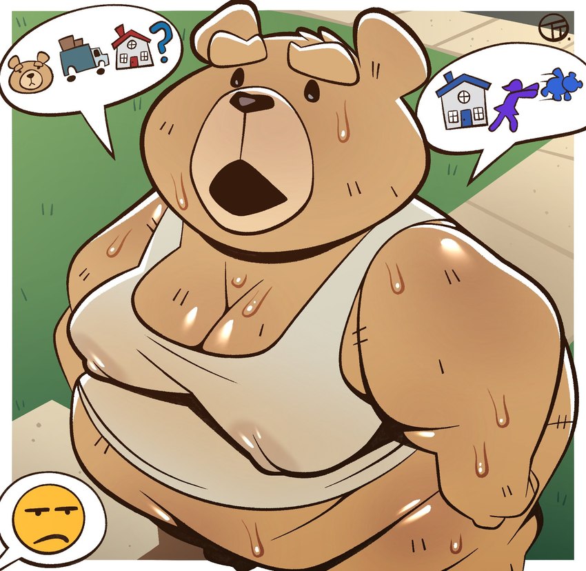 anthro bodily_fluids cheat cheating_husband clothed clothing dialogue downward_angle half_naked male moobs nipples overweight overweight_anthro overweight_male partially_clothed plushie solo speech_bubble sweat sweaty_nipples toy trashtoonz ted_(movie) ted_(ted) bear mammal hi_res