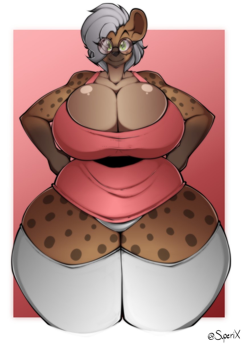 anthro big_breasts breast_squish breasts brown_body brown_fur brown_spots cleavage cleavage_overflow clothed clothing cosplay curvy_figure dress eyelashes eyewear female fur glasses green_eyes grey_hair hair hands_on_hips hourglass_figure huge_breasts legwear long_socks looking_at_viewer markings mature_anthro mature_female multicolored_body multicolored_fur panties panty_shot short_hair simple_background smile solo spots spotted_body spotted_fur squish standing tan_body tan_fur thick_thighs thigh_highs underwear voluptuous wide_hips superix cartoon_network powerpuff_girls blossom_(powerpuff_girls) silver_(ezukapizumu) hyena mammal spotted_hyena 2019 absurd_res artist_name digital_media_(artwork) hi_res